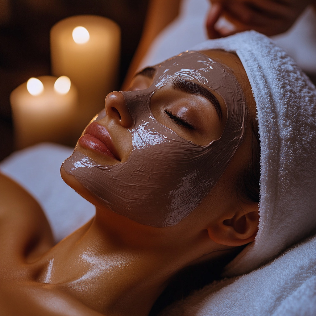 Woman receiving luxurious chocolate facial mask treatment at spa with candlelight ambiance