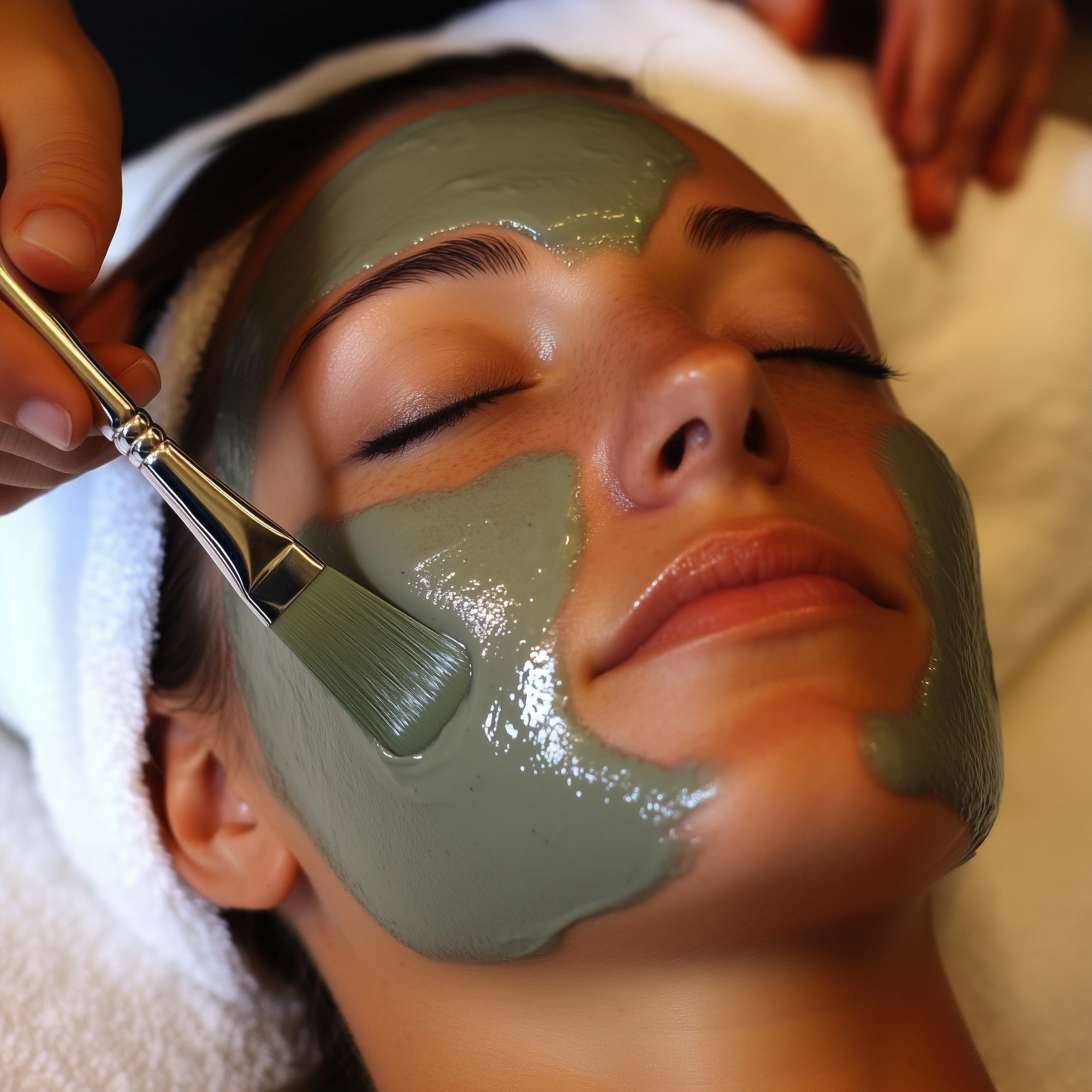 Professional esthetician applying green clay facial mask treatment with gold brush at Glameria Spa